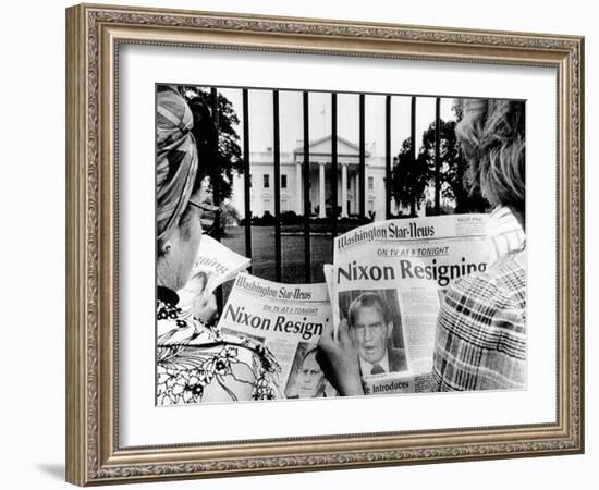 Tourists in Front of the White House Read Headlines, 'Nixon Resigning,' Aug 8, 1974-null-Framed Photo