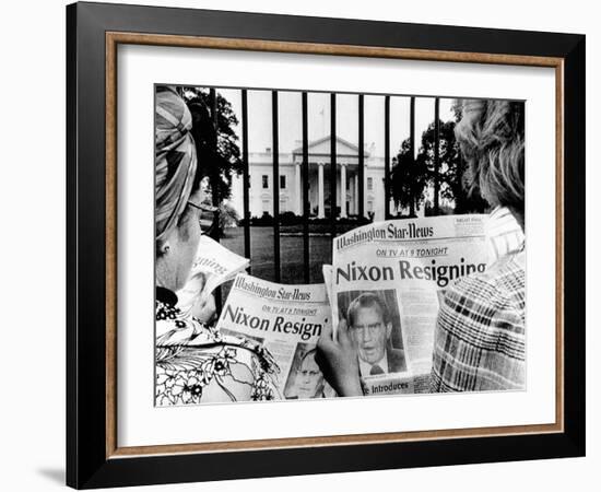 Tourists in Front of the White House Read Headlines, 'Nixon Resigning,' Aug 8, 1974-null-Framed Photo