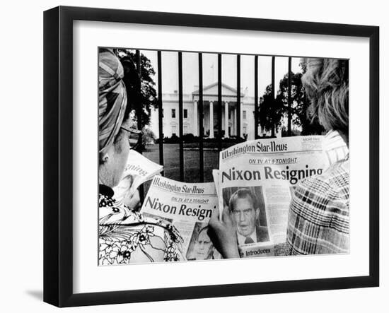 Tourists in Front of the White House Read Headlines, 'Nixon Resigning,' Aug 8, 1974-null-Framed Photo