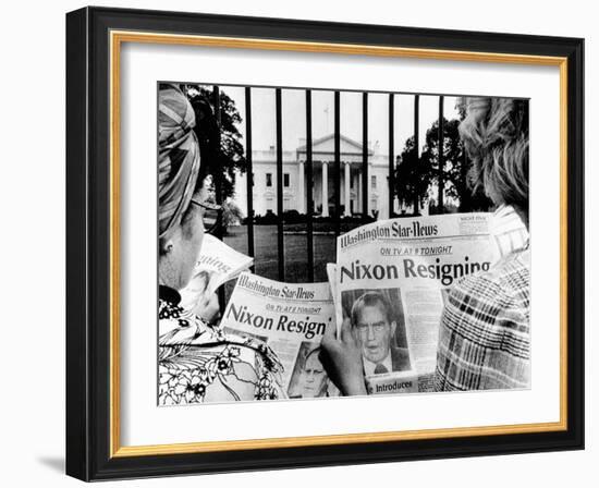 Tourists in Front of the White House Read Headlines, 'Nixon Resigning,' Aug 8, 1974-null-Framed Photo