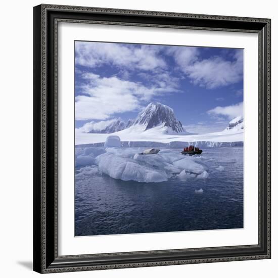 Tourists in Rigid Inflatable Boat Approach a Seal Lying on the Ice, Antarctica-Geoff Renner-Framed Photographic Print