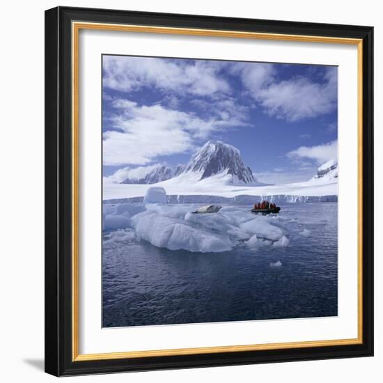 Tourists in Rigid Inflatable Boat Approach a Seal Lying on the Ice, Antarctica-Geoff Renner-Framed Photographic Print