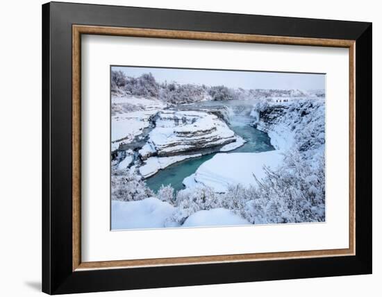 Tourists looking over waterfall and cascades, Patagonia, Chile-Nick Garbutt-Framed Photographic Print