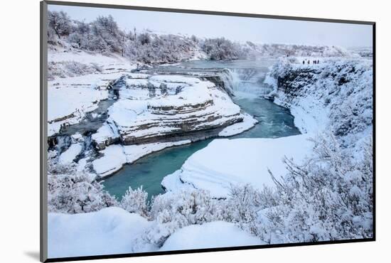 Tourists looking over waterfall and cascades, Patagonia, Chile-Nick Garbutt-Mounted Photographic Print