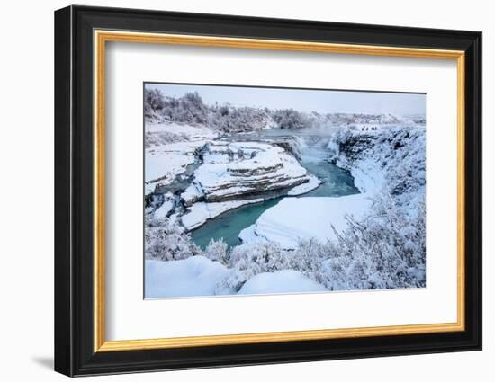 Tourists looking over waterfall and cascades, Patagonia, Chile-Nick Garbutt-Framed Photographic Print