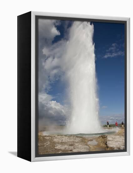 Tourists Watch Strokkur Geyser Erupting, Geysir, Iceland-Don Grall-Framed Premier Image Canvas