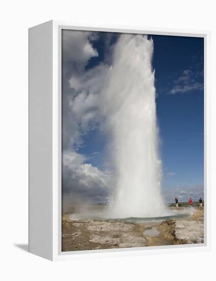 Tourists Watch Strokkur Geyser Erupting, Geysir, Iceland-Don Grall-Framed Premier Image Canvas