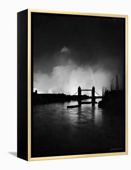 Tower Bridge Against Fires Burning on London's Docks, Ignited During German Air Raid Attack on City-William Vandivert-Framed Premier Image Canvas