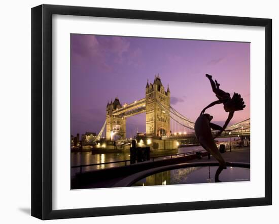 Tower Bridge and Girl with a Dolphin Fountain Statue at Dusk, London, England-Michele Falzone-Framed Photographic Print