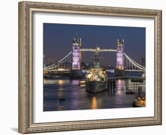 Tower Bridge and HMS Belfast on the River Thames at dusk, London, England, United Kingdom, Europe-Charles Bowman-Framed Photographic Print