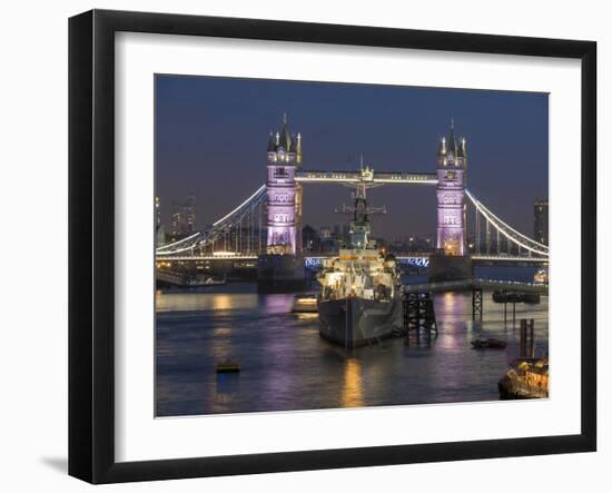 Tower Bridge and HMS Belfast on the River Thames at dusk, London, England, United Kingdom, Europe-Charles Bowman-Framed Photographic Print