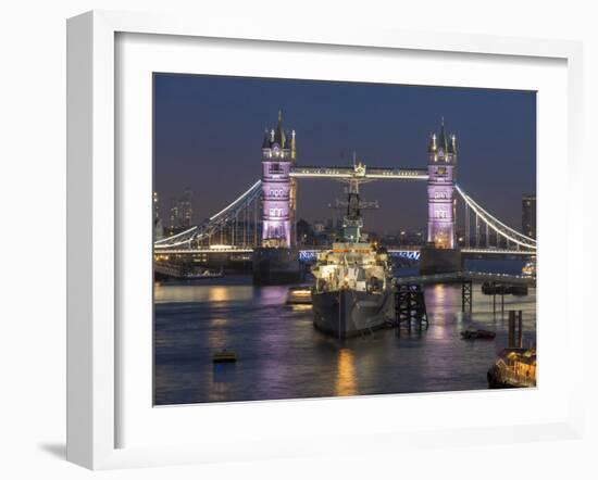 Tower Bridge and HMS Belfast on the River Thames at dusk, London, England, United Kingdom, Europe-Charles Bowman-Framed Photographic Print
