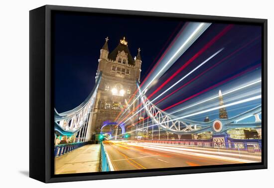 Tower Bridge and light traffic trails, The Shard in the background, London, England, United Kingdom-John Guidi-Framed Premier Image Canvas