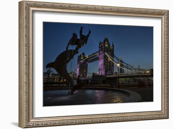 Tower Bridge Of London, Dusk, With David Wynne's 'Girl With A Dolphin' Statue, N Bank Of The Thames-Karine Aigner-Framed Photographic Print