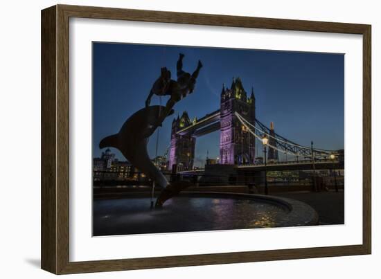 Tower Bridge Of London, Dusk, With David Wynne's 'Girl With A Dolphin' Statue, N Bank Of The Thames-Karine Aigner-Framed Photographic Print