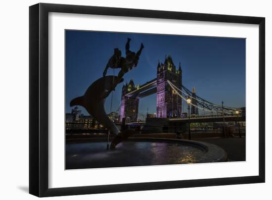 Tower Bridge Of London, Dusk, With David Wynne's 'Girl With A Dolphin' Statue, N Bank Of The Thames-Karine Aigner-Framed Photographic Print