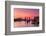 Tower Bridge, River Thames and HMS Belfast at sunrise with pink sky, and Canary Wharf-Ed Hasler-Framed Photographic Print