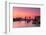 Tower Bridge, River Thames and HMS Belfast at sunrise with pink sky, and Canary Wharf-Ed Hasler-Framed Photographic Print