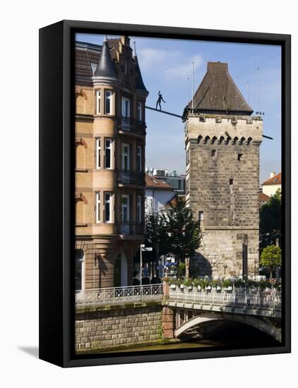 Tower by Neckar River, Esslingen Am Neckar, Baden-Wurttemberg, Germany-Walter Bibikow-Framed Premier Image Canvas