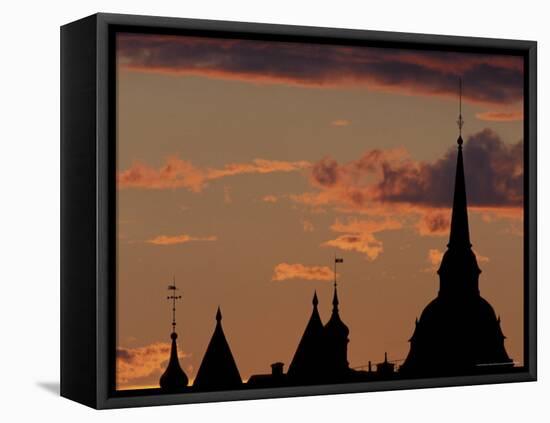 Towers of Mariahissen Along the Skyline at Sunset, Stockholm, Sweden-Russell Young-Framed Premier Image Canvas