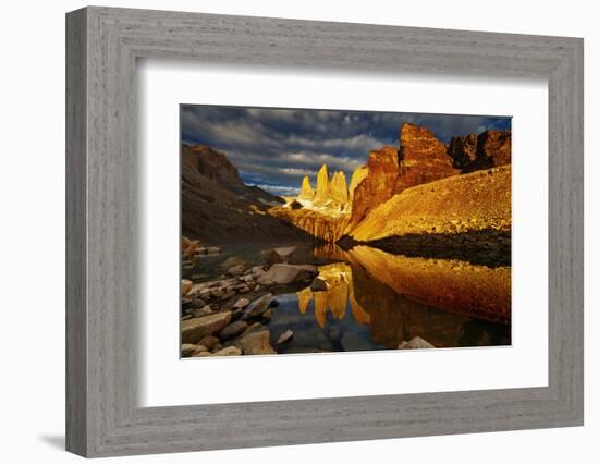 Towers with Reflection at Sunrise, Torres Del Paine National Park, Patagonia, Chile-DmitryP-Framed Photographic Print
