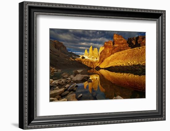 Towers with Reflection at Sunrise, Torres Del Paine National Park, Patagonia, Chile-DmitryP-Framed Photographic Print