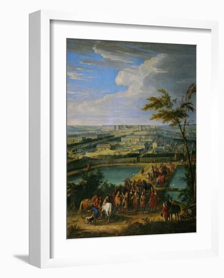 Town and palace of Versailles,1688. In the foreground King Louis XIV surrounded by courtiers-Jean-Baptiste Martin-Framed Giclee Print