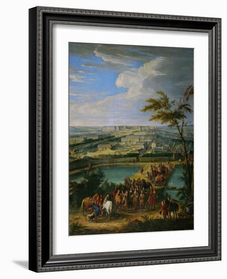 Town and palace of Versailles,1688. In the foreground King Louis XIV surrounded by courtiers-Jean-Baptiste Martin-Framed Giclee Print