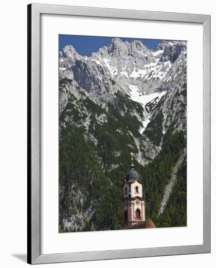 Town church and mountains, Mittenwald, Bayern-Bavaria, Germany-Walter Bibikow-Framed Photographic Print