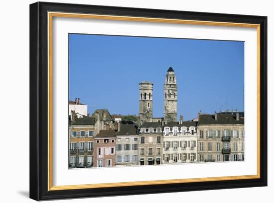 Town. Eglise Vieux Saint-Vincent. Two Stone Towers. Historic Houses-LatitudeStock-Framed Photographic Print