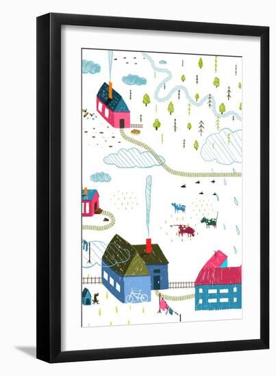 Town or Village Rural Landscape with Forest and Little Houses Cows on White. Colored Hand Drawn Ske-Popmarleo-Framed Art Print