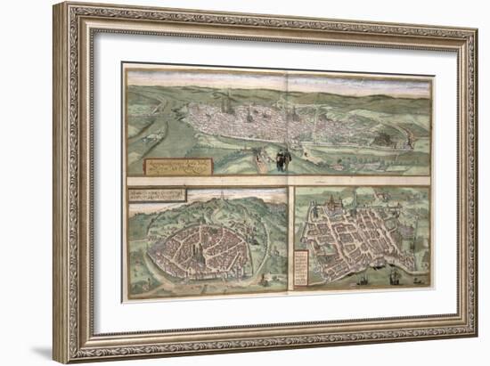 Town Plans of Rouen, Nimes and Bordeaux, from Civitates Orbis Terrarum by Georg Braun-Joris Hoefnagel-Framed Giclee Print