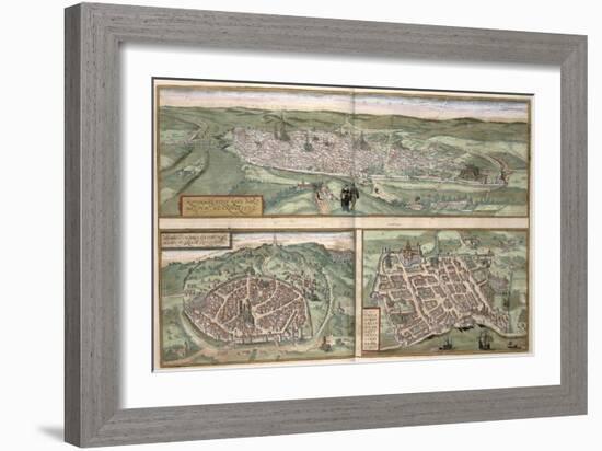 Town Plans of Rouen, Nimes and Bordeaux, from Civitates Orbis Terrarum by Georg Braun-Joris Hoefnagel-Framed Giclee Print