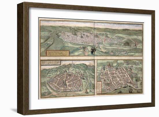 Town Plans of Rouen, Nimes and Bordeaux, from Civitates Orbis Terrarum by Georg Braun-Joris Hoefnagel-Framed Giclee Print