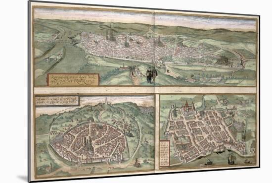 Town Plans of Rouen, Nimes and Bordeaux, from Civitates Orbis Terrarum by Georg Braun-Joris Hoefnagel-Mounted Giclee Print