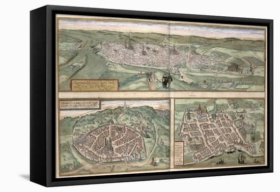 Town Plans of Rouen, Nimes and Bordeaux, from Civitates Orbis Terrarum by Georg Braun-Joris Hoefnagel-Framed Premier Image Canvas