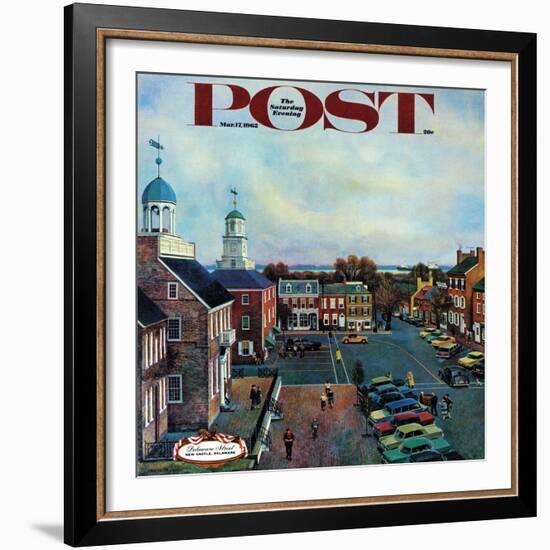 "Town Square, New Castle Delaware," Saturday Evening Post Cover, March 17, 1962-John Falter-Framed Giclee Print