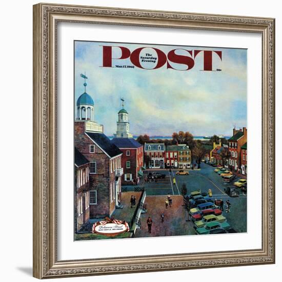 "Town Square, New Castle Delaware," Saturday Evening Post Cover, March 17, 1962-John Falter-Framed Premium Giclee Print