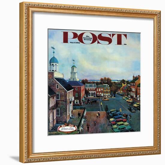 "Town Square, New Castle Delaware," Saturday Evening Post Cover, March 17, 1962-John Falter-Framed Premium Giclee Print