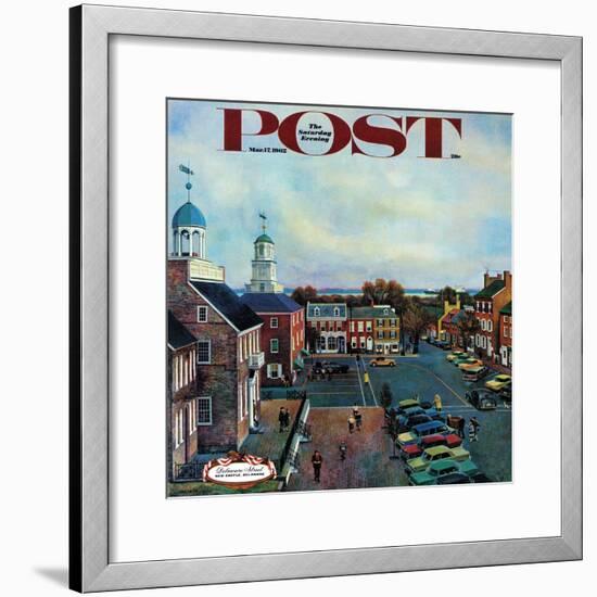 "Town Square, New Castle Delaware," Saturday Evening Post Cover, March 17, 1962-John Falter-Framed Premium Giclee Print