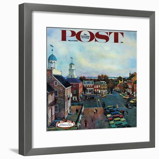 "Town Square, New Castle Delaware," Saturday Evening Post Cover, March 17, 1962-John Falter-Framed Premium Giclee Print