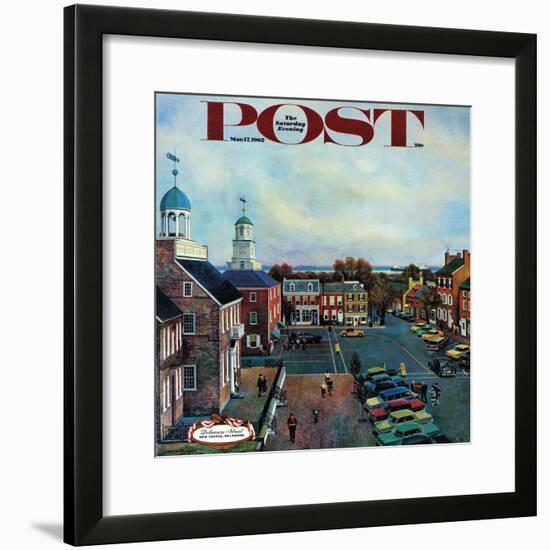 "Town Square, New Castle Delaware," Saturday Evening Post Cover, March 17, 1962-John Falter-Framed Premium Giclee Print