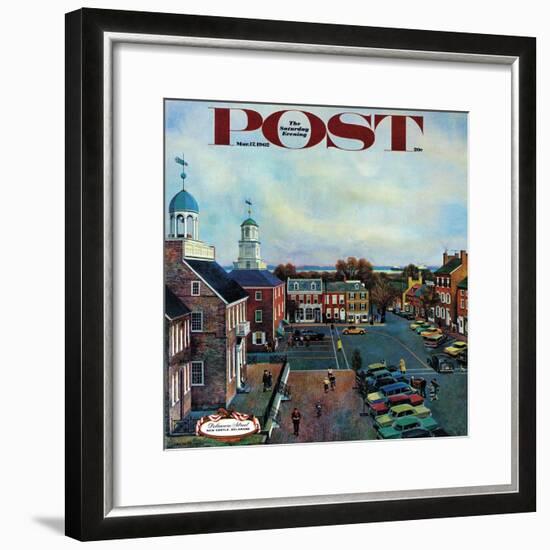 "Town Square, New Castle Delaware," Saturday Evening Post Cover, March 17, 1962-John Falter-Framed Premium Giclee Print