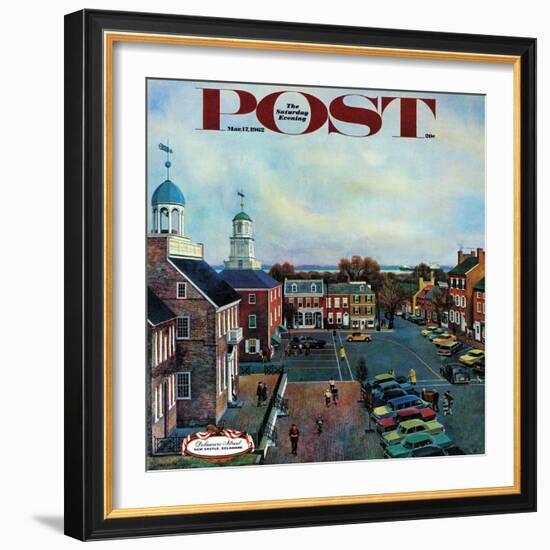 "Town Square, New Castle Delaware," Saturday Evening Post Cover, March 17, 1962-John Falter-Framed Premium Giclee Print