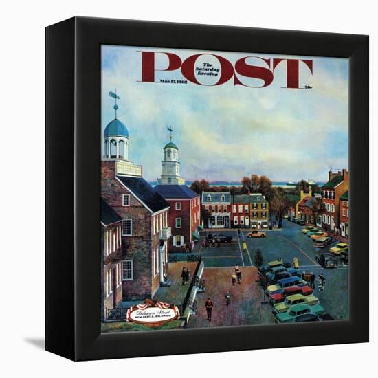 "Town Square, New Castle Delaware," Saturday Evening Post Cover, March 17, 1962-John Falter-Framed Premier Image Canvas