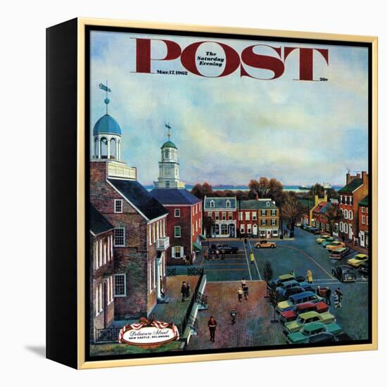 "Town Square, New Castle Delaware," Saturday Evening Post Cover, March 17, 1962-John Falter-Framed Premier Image Canvas