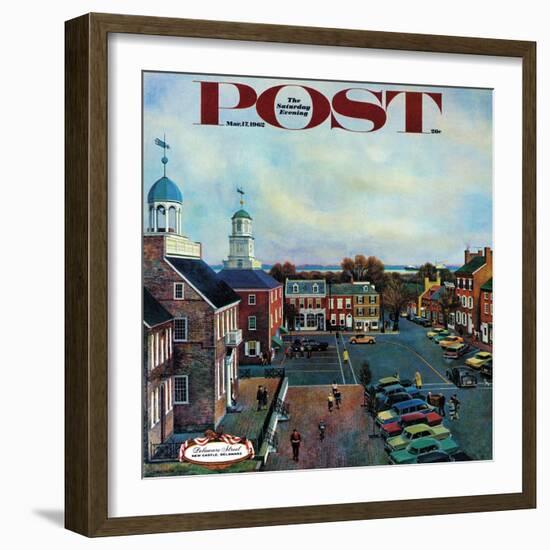 "Town Square, New Castle Delaware," Saturday Evening Post Cover, March 17, 1962-John Falter-Framed Giclee Print