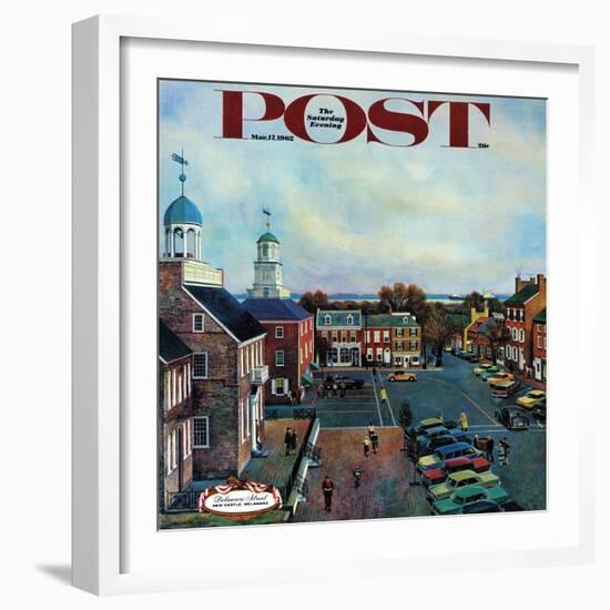 "Town Square, New Castle Delaware," Saturday Evening Post Cover, March 17, 1962-John Falter-Framed Giclee Print