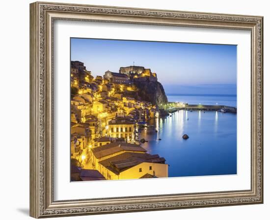 Town View at Dusk, With Castello Ruffo, Scilla, Calabria, Italy-Peter Adams-Framed Photographic Print