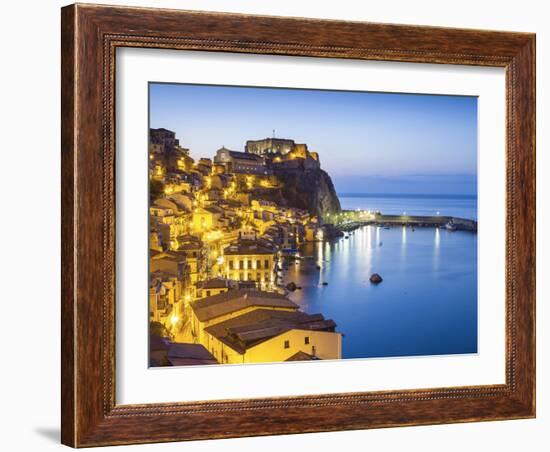 Town View at Dusk, With Castello Ruffo, Scilla, Calabria, Italy-Peter Adams-Framed Photographic Print